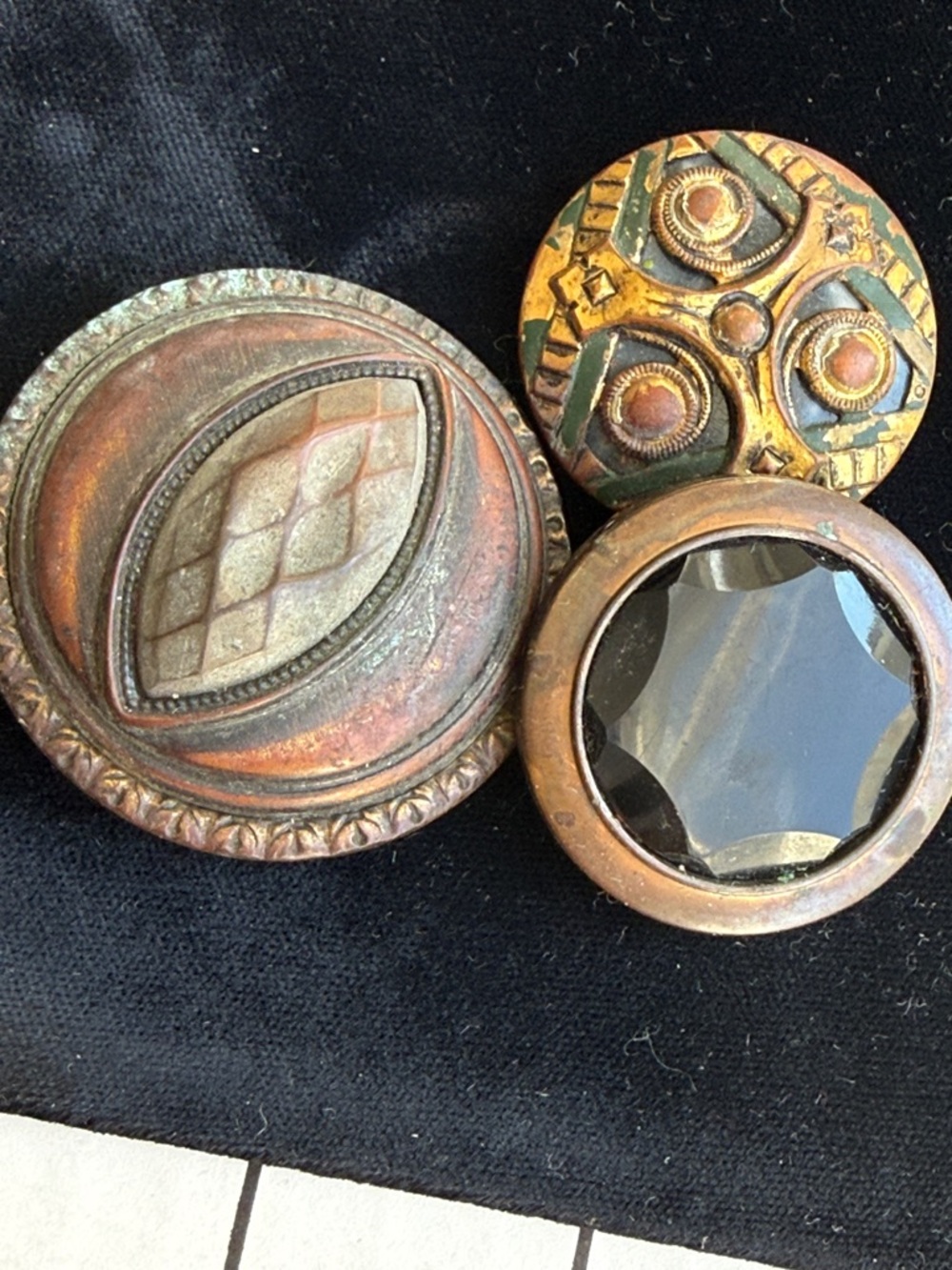 Antique Vintage Metal Button Lot Brass Black Glass Art Deco Enamel 3 Pc Set